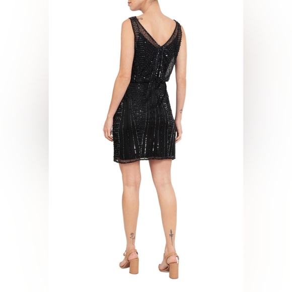 ADRIANNA PAPELL SLEEVELESS MIXED BEAD AND SEQUIN PATTERN MESH BLOUSON DRESS - Picture 3 of 6